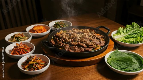 Serving Hot Beef Stir Fry with Vegetables and Korean Side Dishes