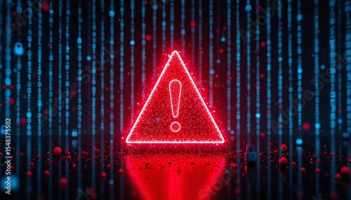 A red neon exclamation point in a triangle warns of cybersecurity threats against a digital data stream