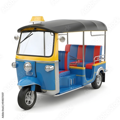 Blue and Yellow Tuk-tuk Isolated on White Background, Tourist Transportation