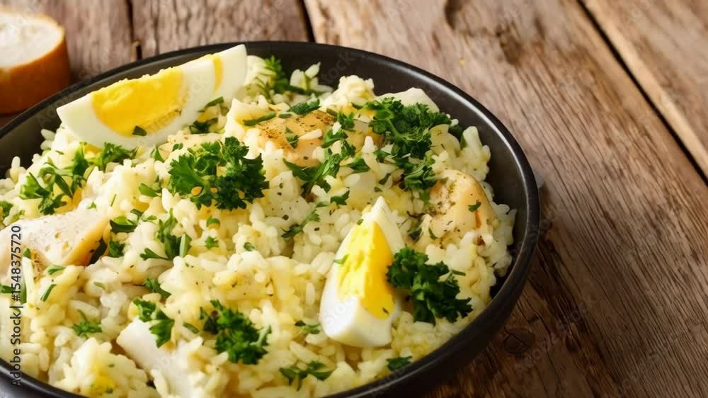 Delicious rice salad with boiled eggs, herbs and pieces of fish in a black bowl on wooden table. Food, meals and healthy eating.