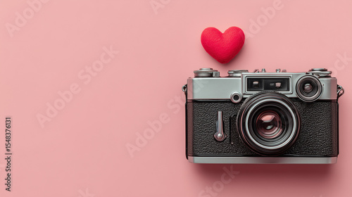 A top view of a vintage old camera and a small red heart on a pink pastel background, with space for text — perfect for a retro travel-themed banner.


