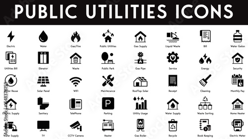 Public Utilities Icons set vector illustration with collection of electric, water, gas, fire, liquid water, bill, elevator, public park, service, energy, security, solar panel, maintenance, receipt.