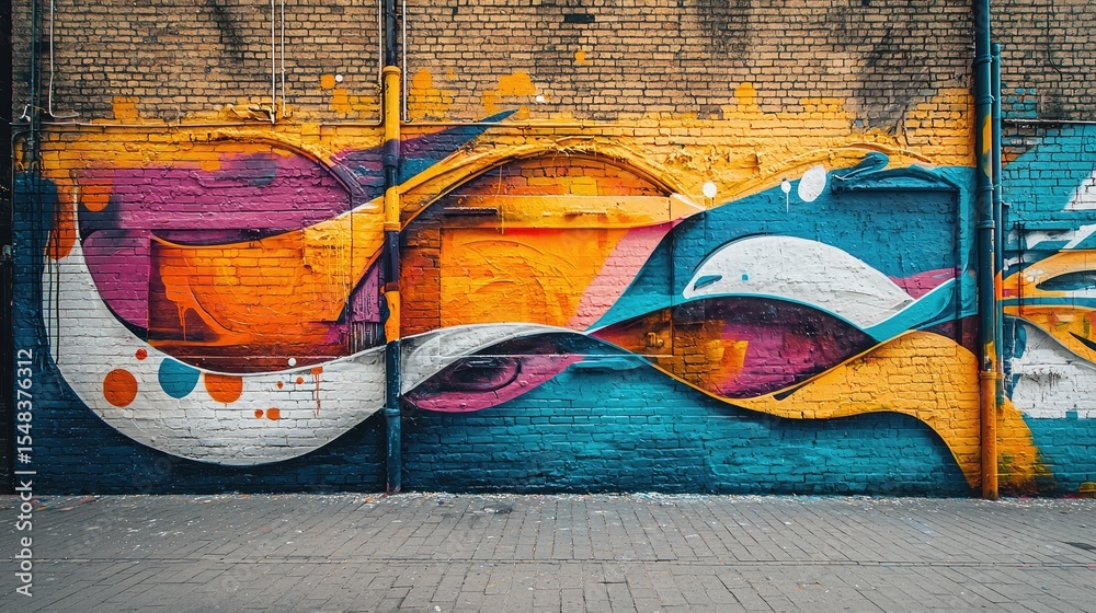 Naklejka premium Vibrant graffiti art adorns a brick wall.