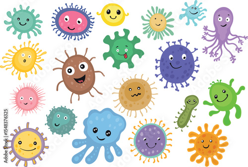 A colorful vector illustration of various cartoon-style gut bacteria with smiling and playful expressions, representing a diverse microbiome in the intestine