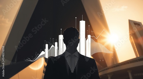 silhouette of a male CEO imposed with data visualization shapes and lines
