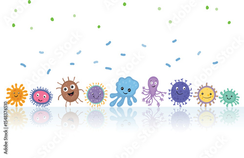 A colorful vector illustration of various cartoon-style gut bacteria on white background with smiling and playful expressions, representing a diverse microbiome in the intestine