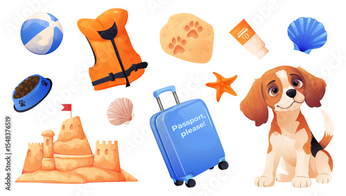 Vector Illustration of a Large Set Themed Around Sea Travel with Animals. Design of Beach Vacation Essentials with a Pet.