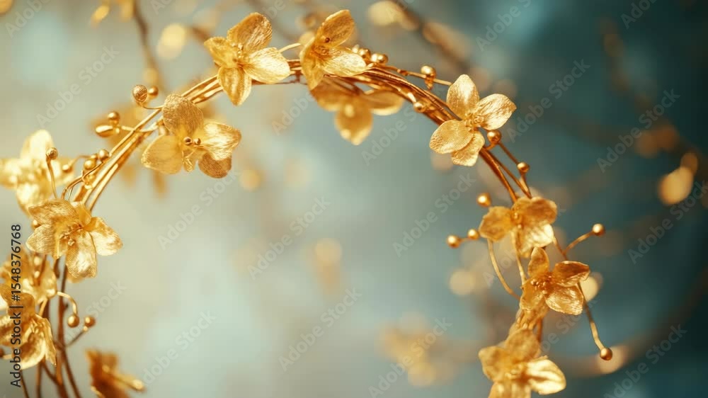 A gold flower arrangement is shown in the . The flowers are arranged in a circle and are surrounded by a gold wreath
