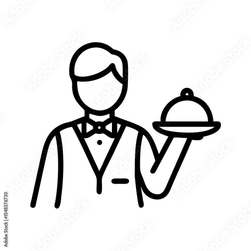 Waiter with tray and napkin wearing bow tie and vest, transparent background