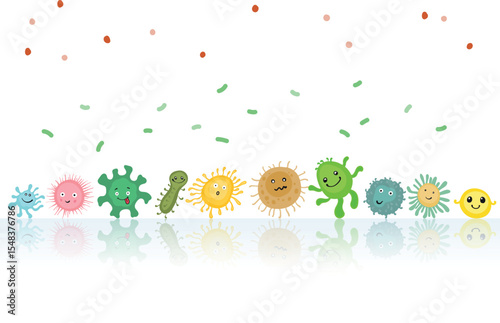 A vector illustration of cartoon-style gut bacteria on white background, representing a diverse microbiome in the intestine