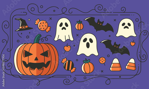 Halloween Icons and Decorations Flat Lay, A festive flat lay illustration featuring a collection of classic Halloween icons and perfect for Halloween themes, invitations, and seasonal designs.