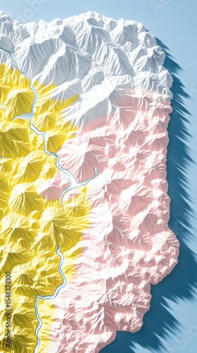 Abstract Three Dimensional Mountain Range Map in Yellow Pink and White