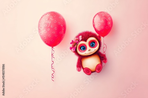 Adorable Pink Plush Monkey with Balloons on Pastel Background