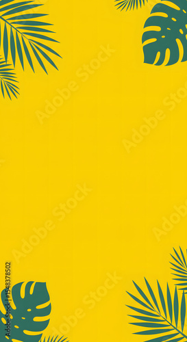Vibrant summer backdrop featuring lush green palm leaves on yellow, ideal for tropical, holiday, or beach-themed projects
