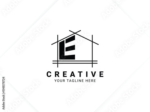 Letter E with house logo design for architect, construction and real estate
