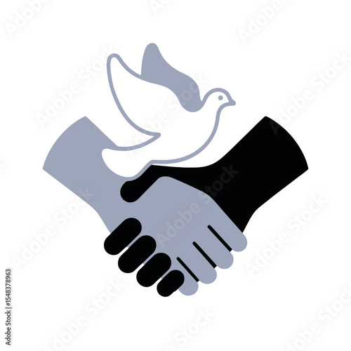 A dove hovers above two hands engaged in a handshake, symbolizing peace and unity.