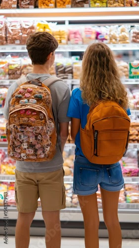 Young friends explore snack options in a grocery store aisle filled with treats and candy