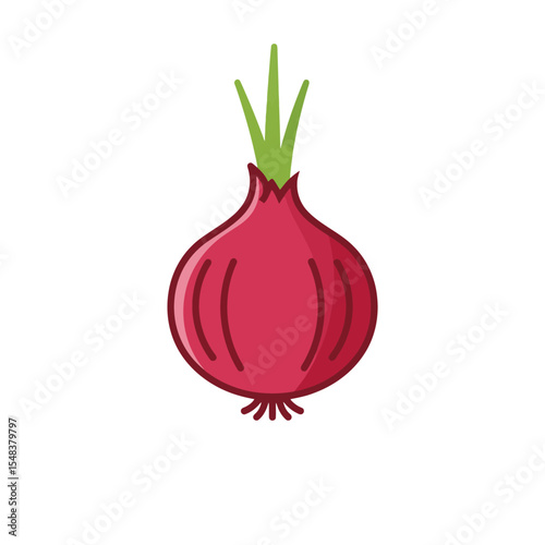 Red onion with small green tops, vector illustration. Vegan and vegetarian food ingredients, gardening and agriculture, healthy diet