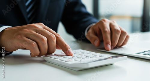 A man in a suit is using a calculator on a white desk with a laptop partially visible beside it
