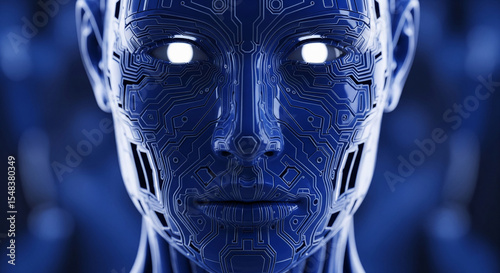 Close-up of a robotic face, blue metallic texture with circuit patterns, glowing eyes, showcasing technological advancement and artificial intelligence