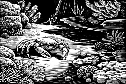 peaceful scene with a crab crawling across coral rocks on the ocean floor, a black and white sketch vector