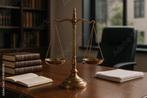 Antique Brass Balance Scale Representing Justice And Legal Fairness In Modern Law Office
