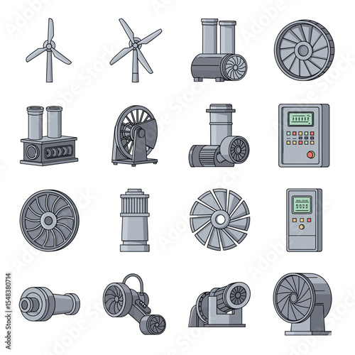 Turbines, Windmills & Pumps Sustainable Energy Icons Set