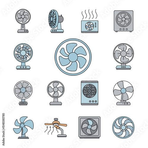 Variety of Fan Designs Illustrations of Desk Fans, Ceiling Fans, and Ventilation Fans