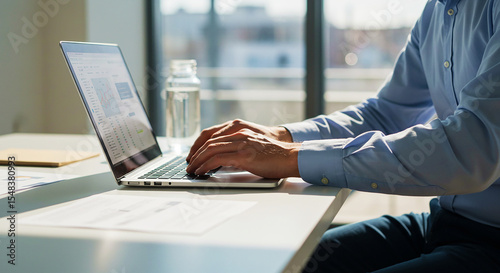 Man typing on a laptop computer at a white desk with a water bottle and documents nearby indoors