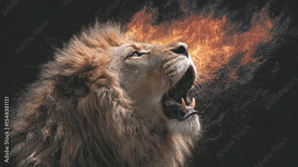 Naklejka premium Fierce lion roaring with flames