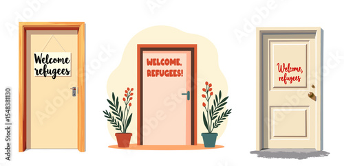 Set of international human rights day with welcome refugee door signs  