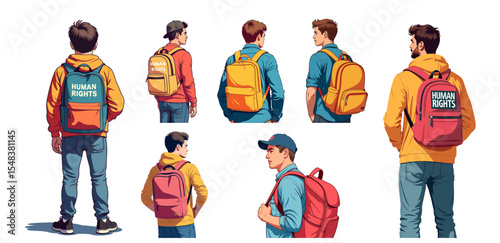 Young men wearing colorful backpacks on their shoulders - Concept of Set of international human rights day  