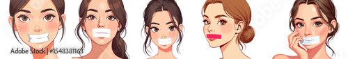 Set of illustrations of a young woman with her mouth taped shut for the concept of Human Rights Day