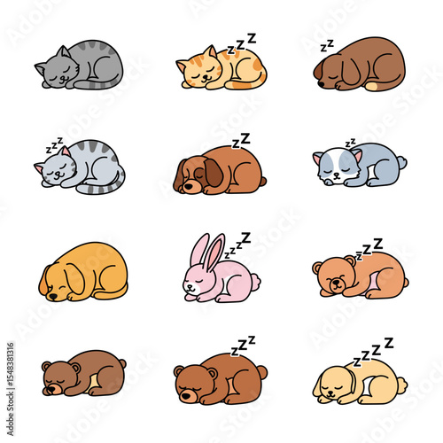 Adorable Sleeping Pets Cats, Dogs, and More - Sweet Dreams Illustrations