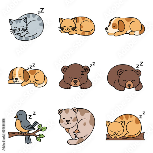Adorable Sleeping Animals Cute Illustrations of Cats, Dogs, and Bears Snoozing