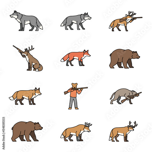 Wild Animals Line Art Illustrations Wolves, Foxes, Bears, and Deer