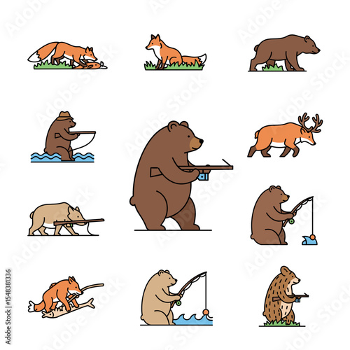 Adorable Wildlife Fishing Icons Fox, Bear, and Deer Illustrations