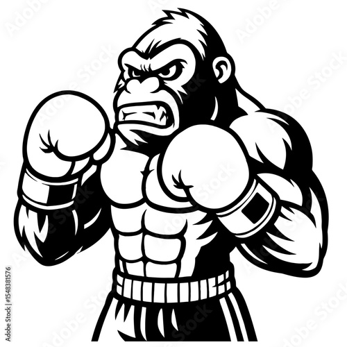 black and white cartoon illustration of a gorilla with boxing gloves