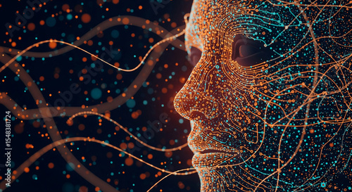 Abstract digital face formed by glowing lines and particles, set against a dark background with flowing light trails, representing artificial intelligence, technology, and futuristic concepts