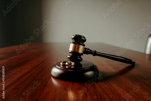 Divorce judgement concept with wedding rings resting beside a judge's gavel on wooden table