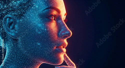 Profile of a woman's face, rendered in a network of glowing points, blue and orange hues, creating a futuristic, digital aesthetic suggesting technology, connection, and innovation