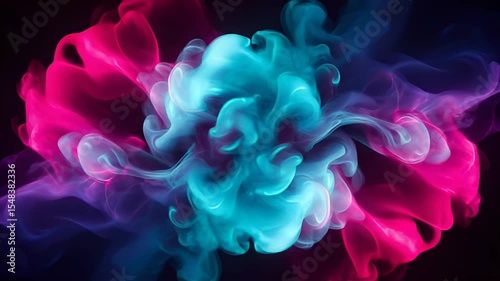 Abstract Pink and Turquoise Smoke Swirling Dynamically on Black Background Creating a Mesmerizing Visual Effect with Vibrant Colors in Contemporary Style