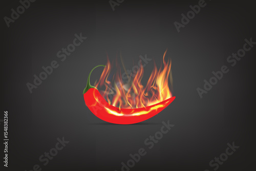 Realistic red chili pepper with flames on dark background for spicy food concept.