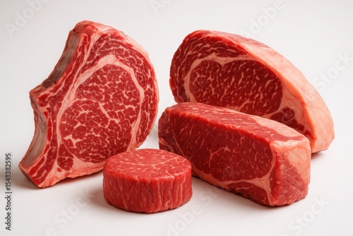 Premium raw beef cuts displayed on white background for culinary and food photography applications