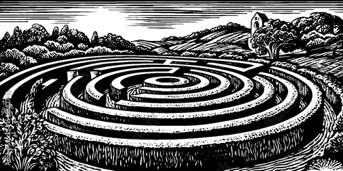 Ornamental hedge maze aerial perspective in black and white for garden design and decoration