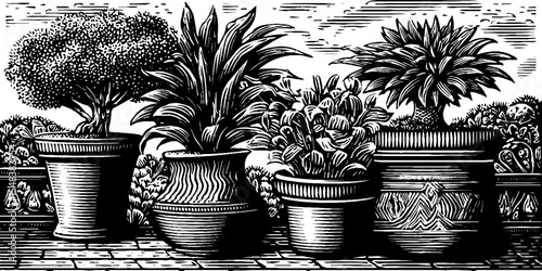 Black and white paved terrace with large planters artwork for classic decor