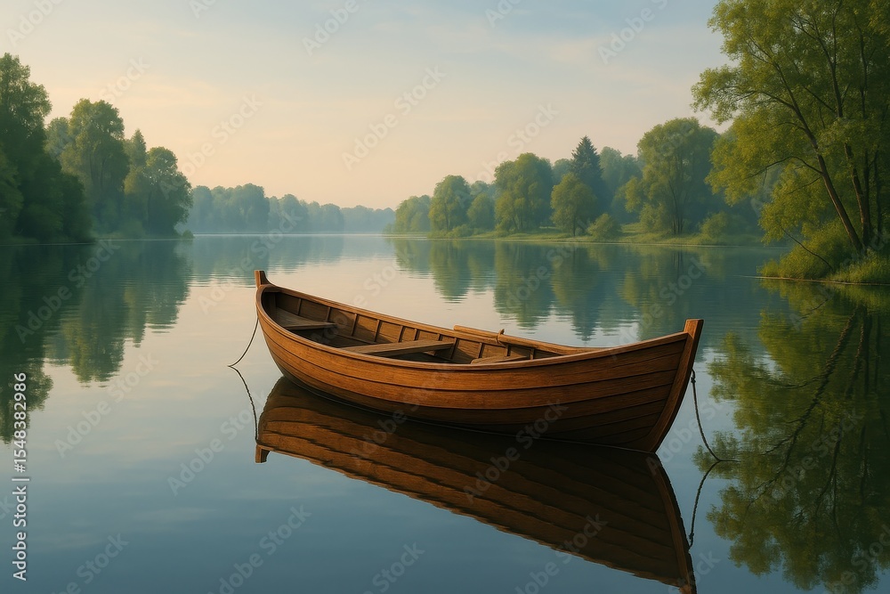 Peaceful wooden rowboat floating on mirror-like lake surface Peaceful wooden rowboat floating on mirror-like lake surface