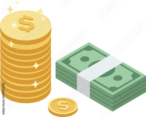 Stack of golden coins and bundle of green banknotes vector illustration of wealth and money management concepts in isometric style 