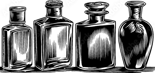 Vintage aftershave bottle collection with ridged designs for hand drawn sketching