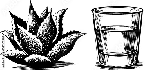 Agave plant and shot glass in vintage hand-drawn sketch for retro design